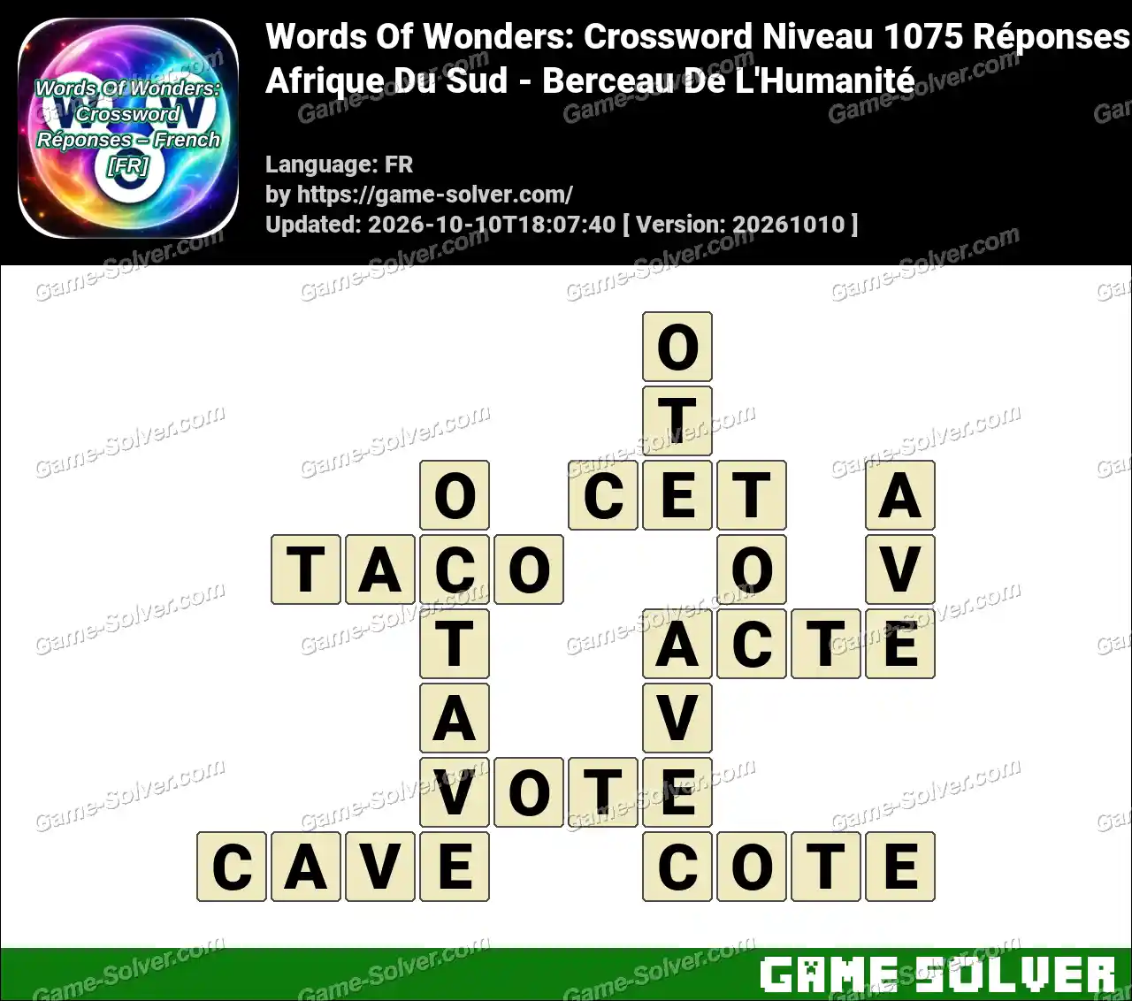 Words Of Wonders: Crossword Niveau 1075 Réponses – Afrique Du Sud – Berceau De L’Humanité
